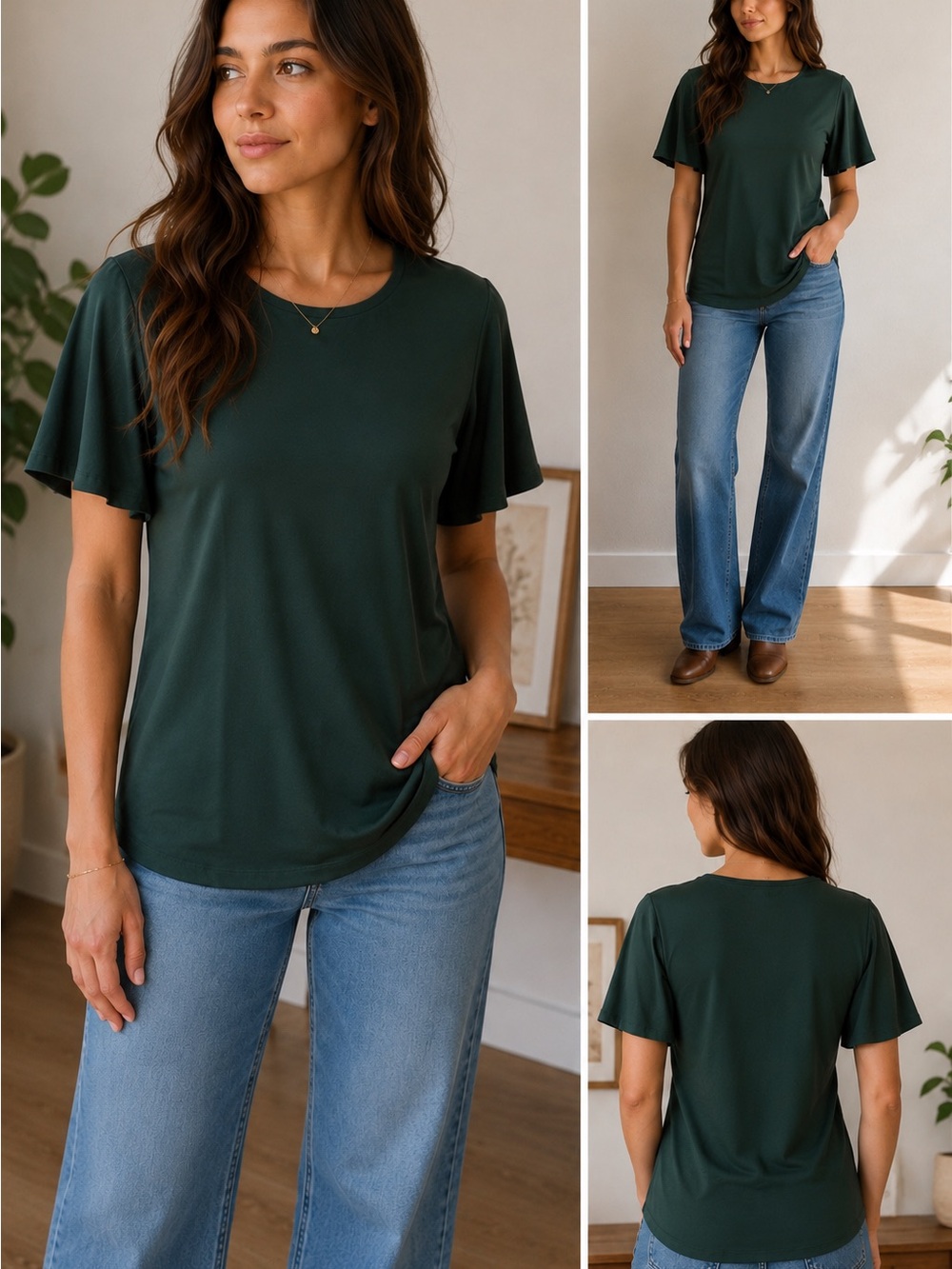 H&M Dark Green Flutter Sleeve Tee